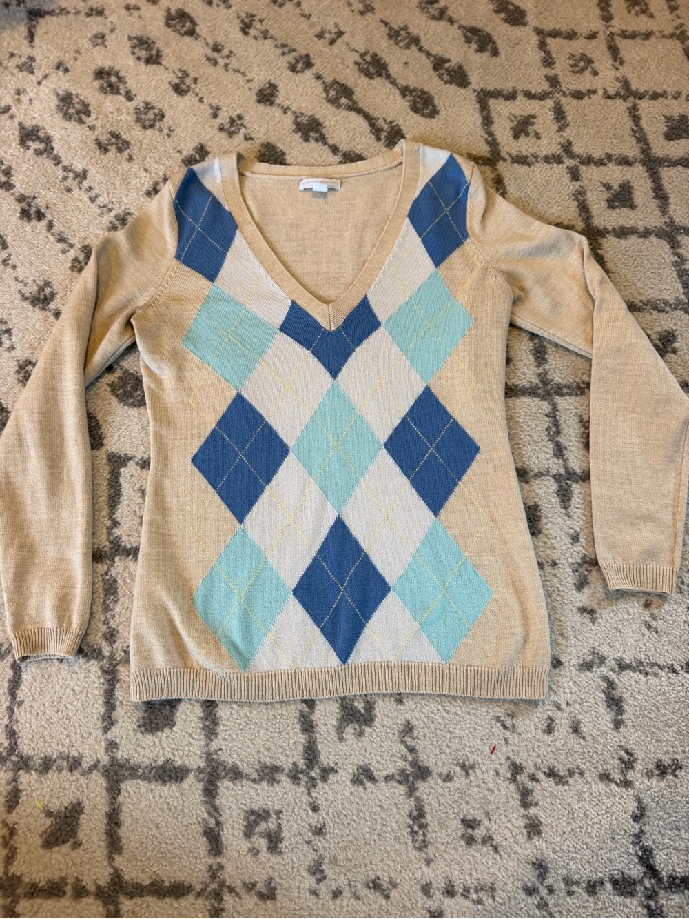 New York & Company Womens Small Argyle V Neck Sweater Tan Blue Aqua Preppy